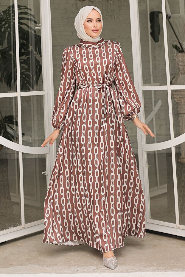 Patterned Brown Satin Chain Dress