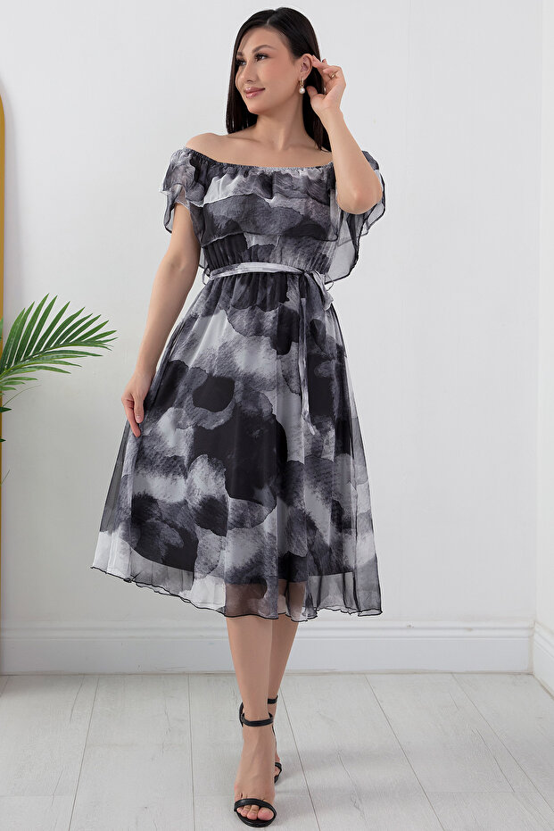 Madonna Yaka Baskılı Şifon Elbise GRS3446 - 5