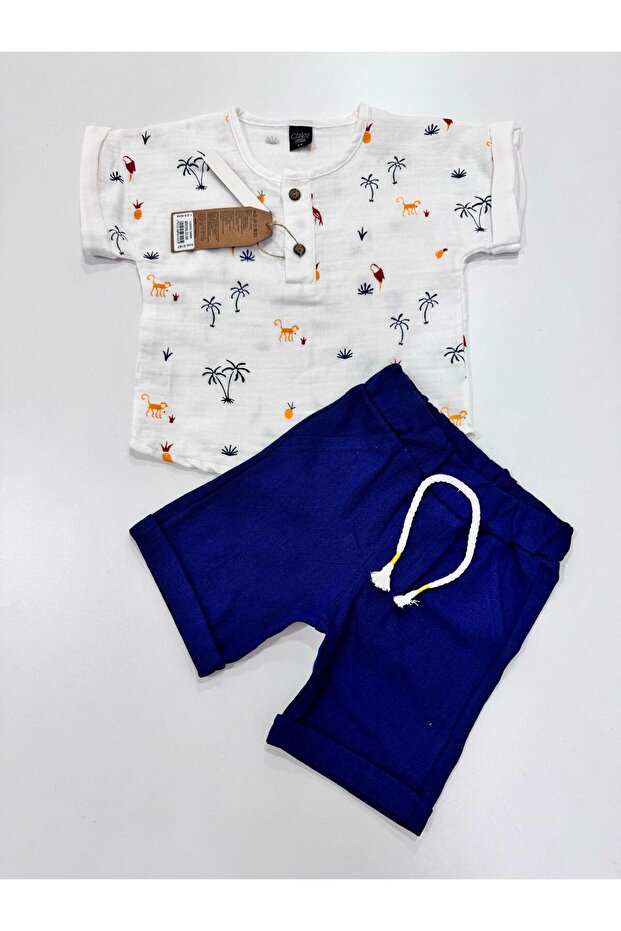 Boy's Printed Muslin Half-Button Shirt and Shorts Set/ Short-Sleeved Shirt - Linen Shorts Set