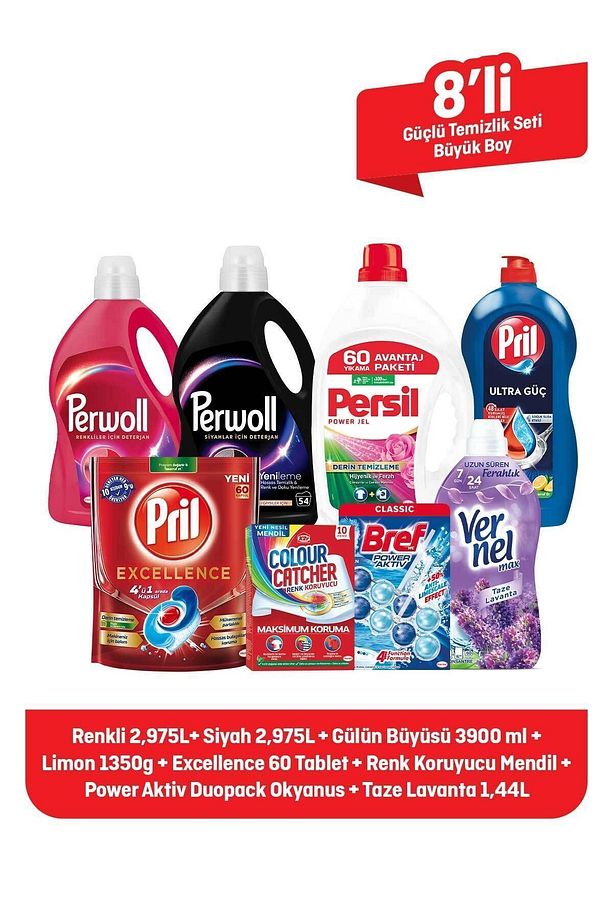 Her Evin İhtiyacı Güçlü Temizlik Seti Büyük Boy : Deterjan Yumuşatıcı Perwoll Persil Pril K2r Bref - 1