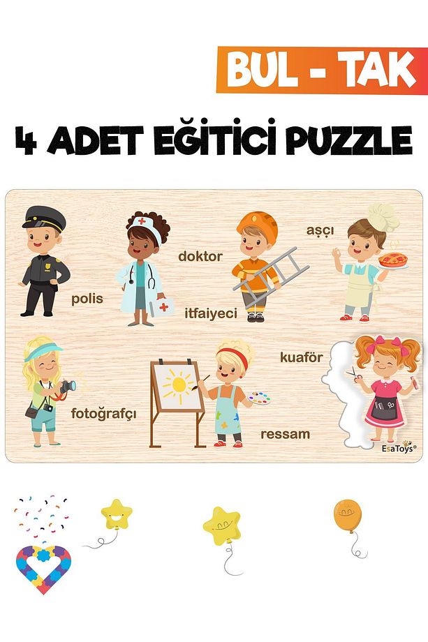 Ahşap Çocuk Puzzle Hayvanlar Taşıtlar Meslekler Ve Meyveler 4 Adet Puzzle - 4