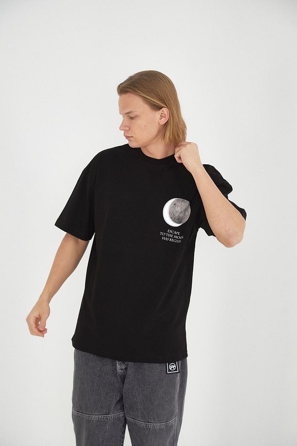 Siyah Ay (moon) Reflektörlü Aplikeli Baskılı Bisiklet yaka Oversize Tshirt - 2