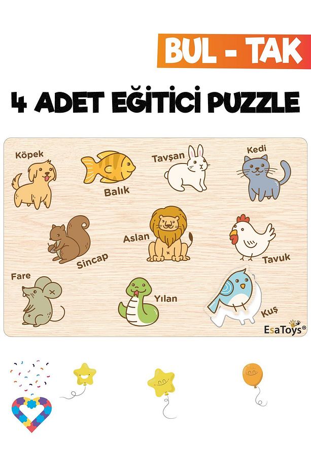 Ahşap Çocuk Puzzle Hayvanlar Taşıtlar Meslekler Ve Meyveler 4 Adet Puzzle - 5