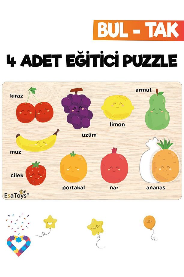Ahşap Çocuk Puzzle Hayvanlar Taşıtlar Meslekler Ve Meyveler 4 Adet Puzzle - 3