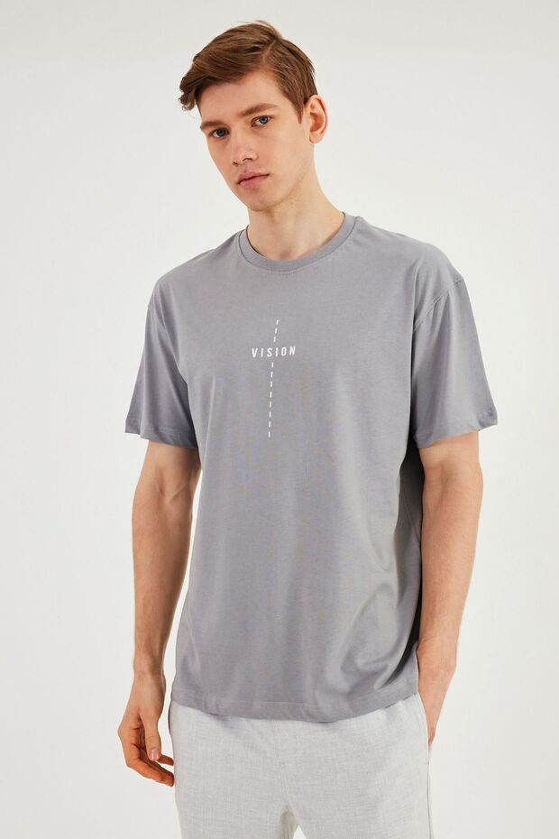 Leo Men's Oversize T-Shirt 100% Cotton Crew Neck Print Detailed Basic Gray T-Shirt