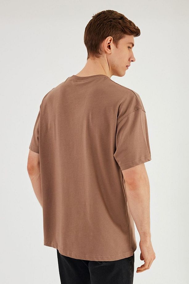 Leo Erkek Oversize Tshirt %100 Pamuk Bisiklet Yaka Baskı Detaylı Basic Vizon Tişört - 8