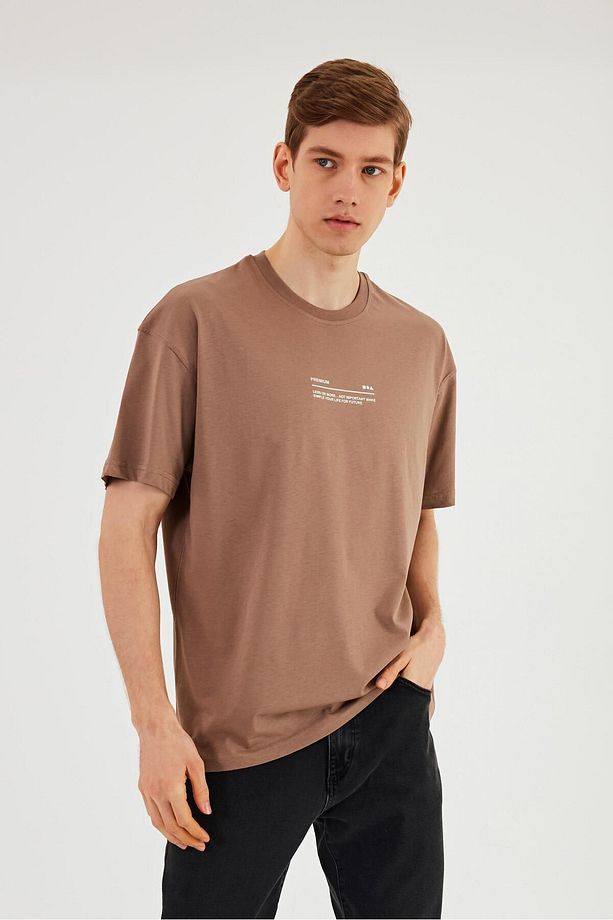 Leo Erkek Oversize Tshirt %100 Pamuk Bisiklet Yaka Baskı Detaylı Basic Vizon Tişört - 1