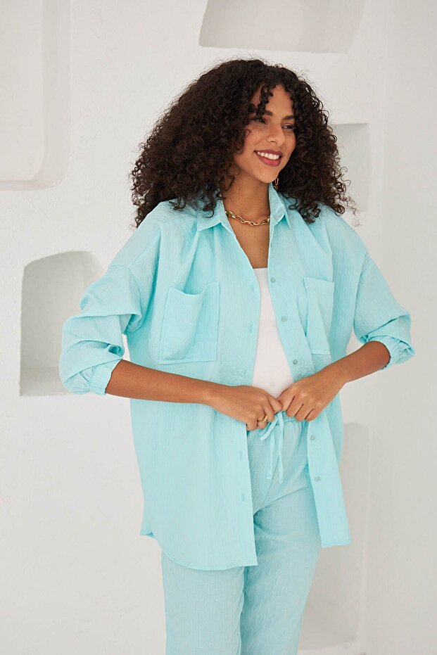 قميص كبير الحجم منقوش بجيب مزدوج - 1