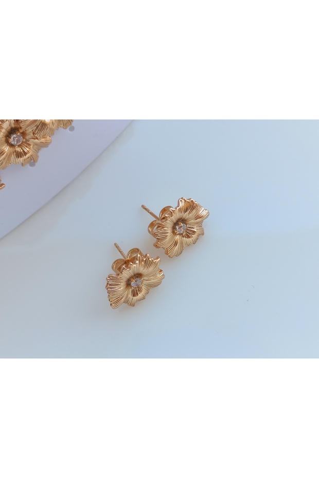 Xupıng Gold Minimal Vintage Zirkon Taşlı Çiçek Çelik Küpe - 1