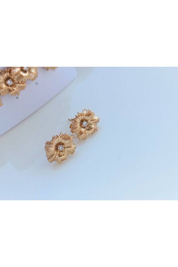 Xupıng Gold Minimal Vintage Zirkon Taşlı Çiçek Çelik Küpe - 2