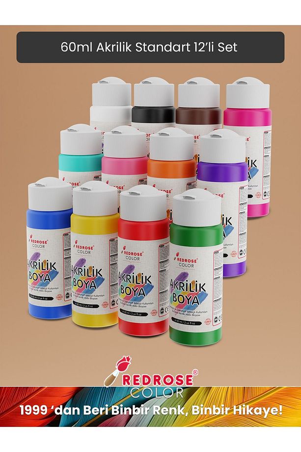 Tüm Renkler Akrilik Boya Seti, 12'li Set 12x60ml Dekoratif Hobi Amaçlı Sanatsal Canlı Renkler - 6
