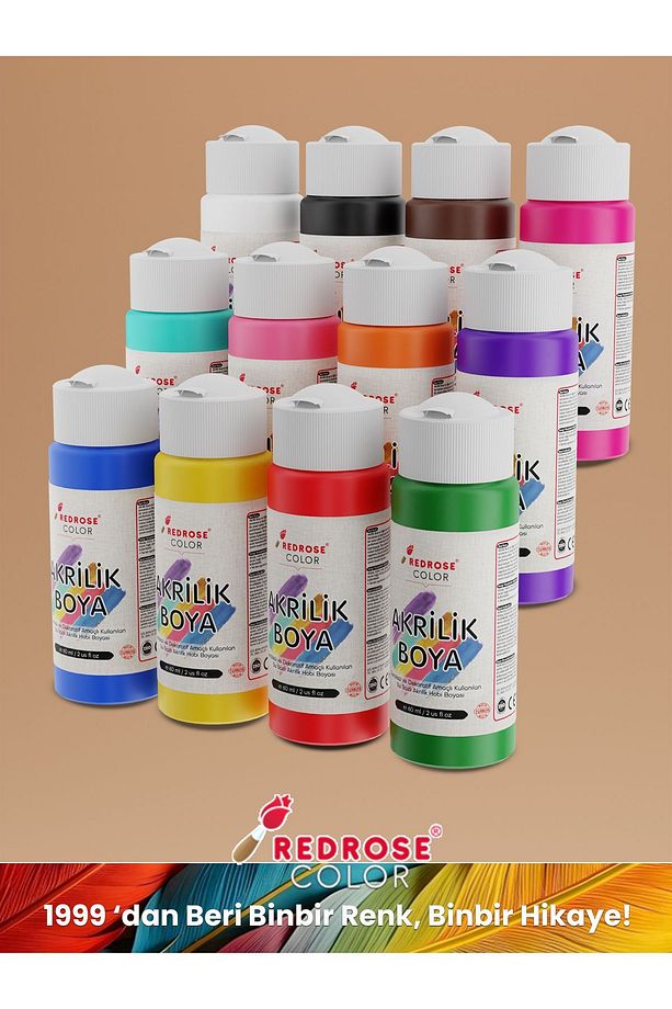 Tüm Renkler Akrilik Boya Seti, 12'li Set 12x60ml Dekoratif Hobi Amaçlı Sanatsal Canlı Renkler - 2