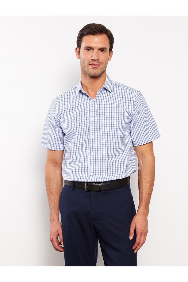 Regular Fit Kısa Kollu Ekose Poplin Erkek Gömlek - 1