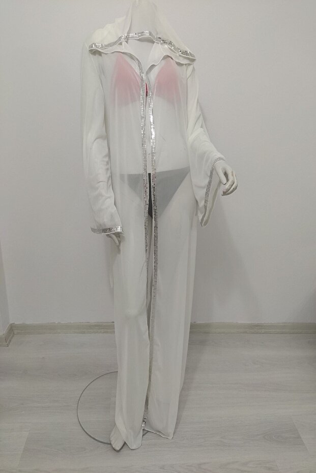White Hooded Sequin Embroidered Long Pareo