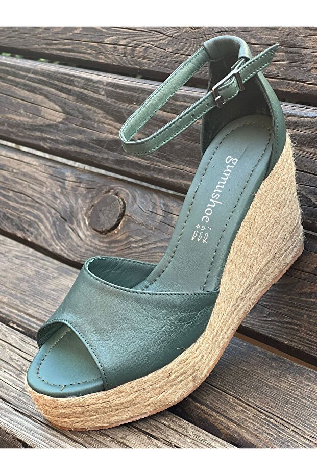 Women's Genuine Leather Suede Straw Handmade Filled Heel Sandals 6863
