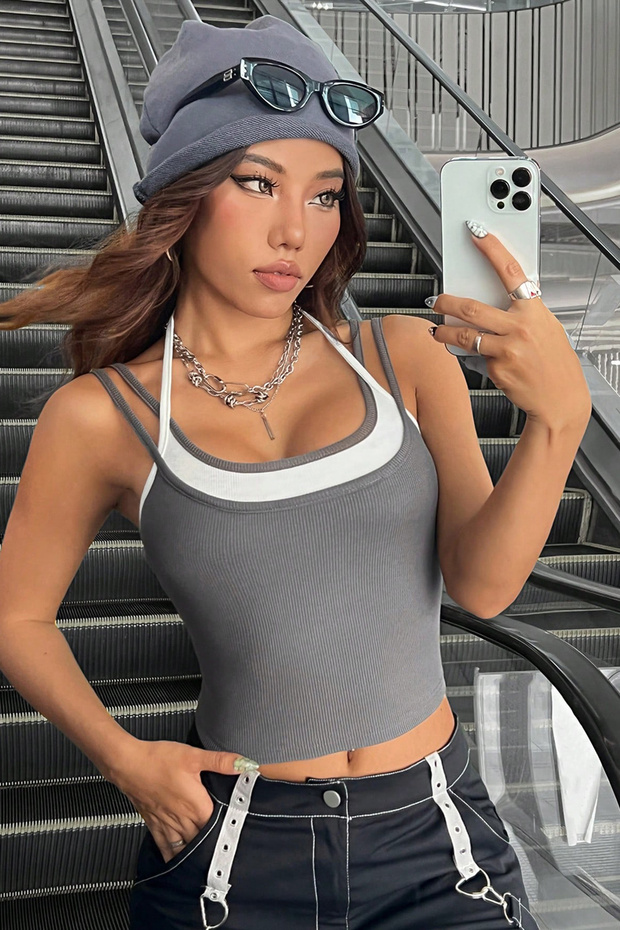 Kadın Beyaz Antrasit Gri Çift Renk Çapraz Askılı Crop Top Bluz - 3