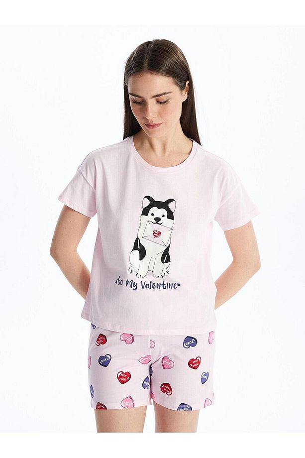 Bisiklet Yaka Baskılı Kısa Kollu Kadın Şortlu Pijama Takımı Pembe - 2