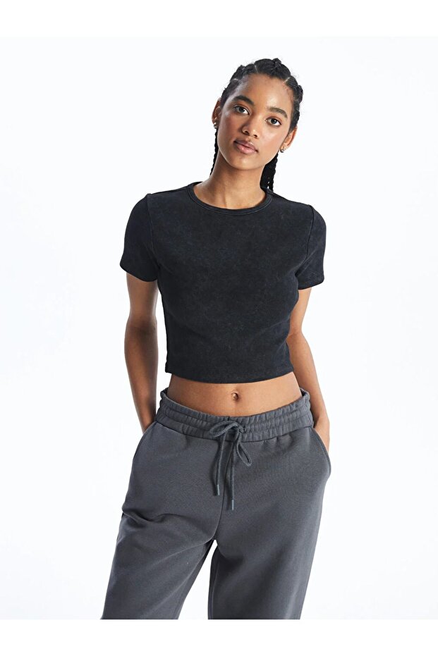 XSIDE Crew Neck Plain Short Sleeve Women's Crop