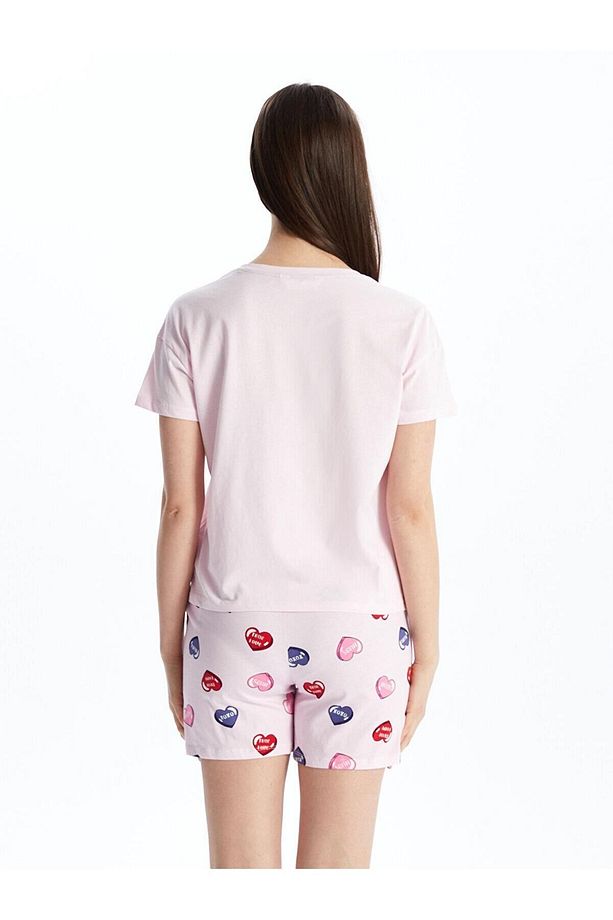 Bisiklet Yaka Baskılı Kısa Kollu Kadın Şortlu Pijama Takımı Pembe - 6