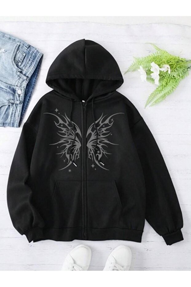 Gothic Heart Printed Oversize Zippered Black Unisex Hooded Cardigan