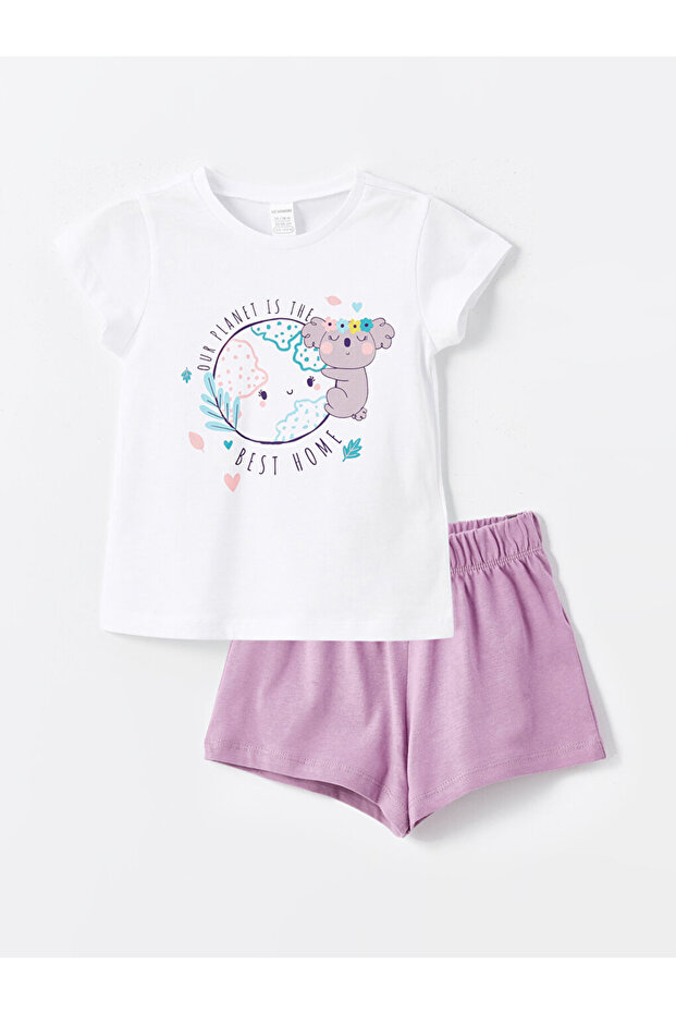 Crew Neck Printed Baby Girl Pajama Set with Shorts