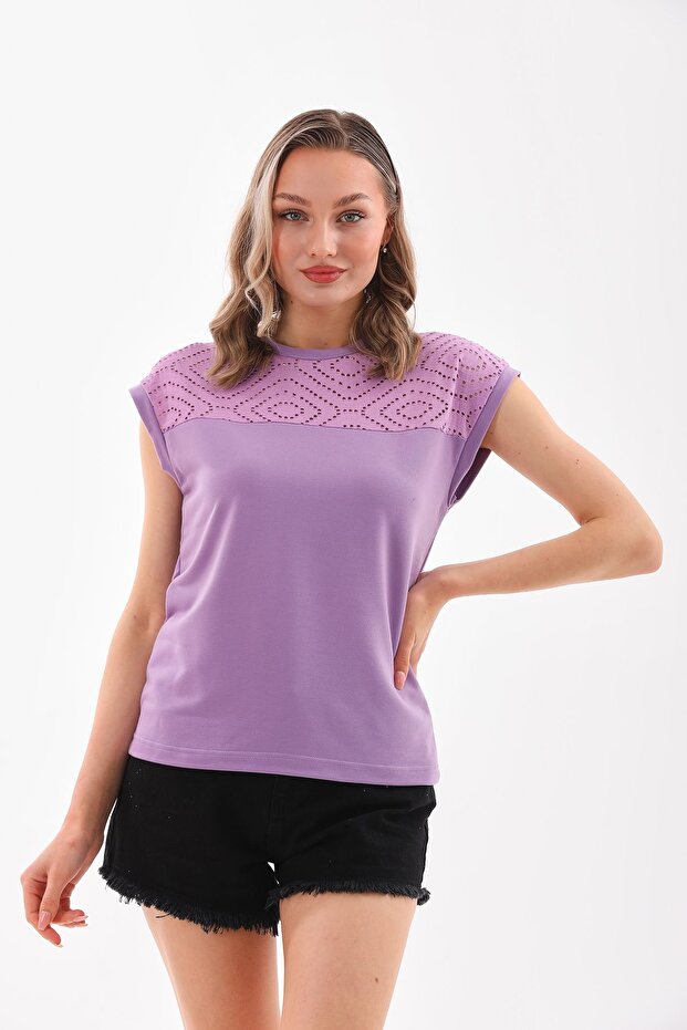 Lila Dantelli Bisiklet Yaka Bluz - 4