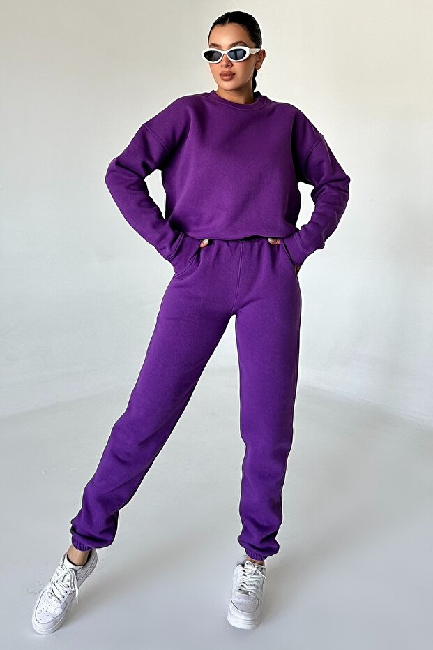 Unisex Purple Crew Neck Plain Oversize Top and Bottom Tracksuit Set