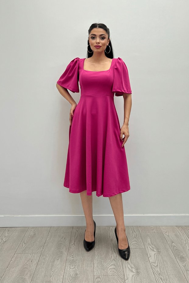 Crepe Fabric Square Collar Midiboy Evening Dress - FUCHIA