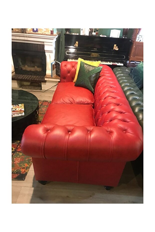 Red Hakiki Deri Chesterfield - 2