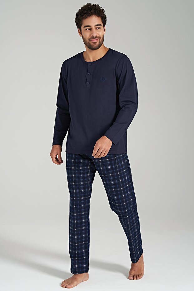 Erkek Uzun Kol Lacivert %100 Pamuk Pijama Takımı C9T8N6O1 - 1