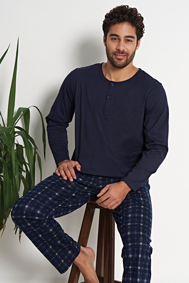 Erkek Uzun Kol Lacivert %100 Pamuk Pijama Takımı C9T8N6O1 - 2