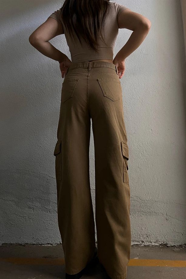 Camel Wide Leg Karamel Kargo Cep Pantolon-LİMABEL - 2