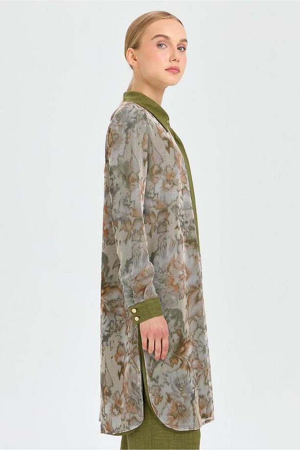 Desenli File Kumaş Tunik Pantolon Takım  Haki - 3