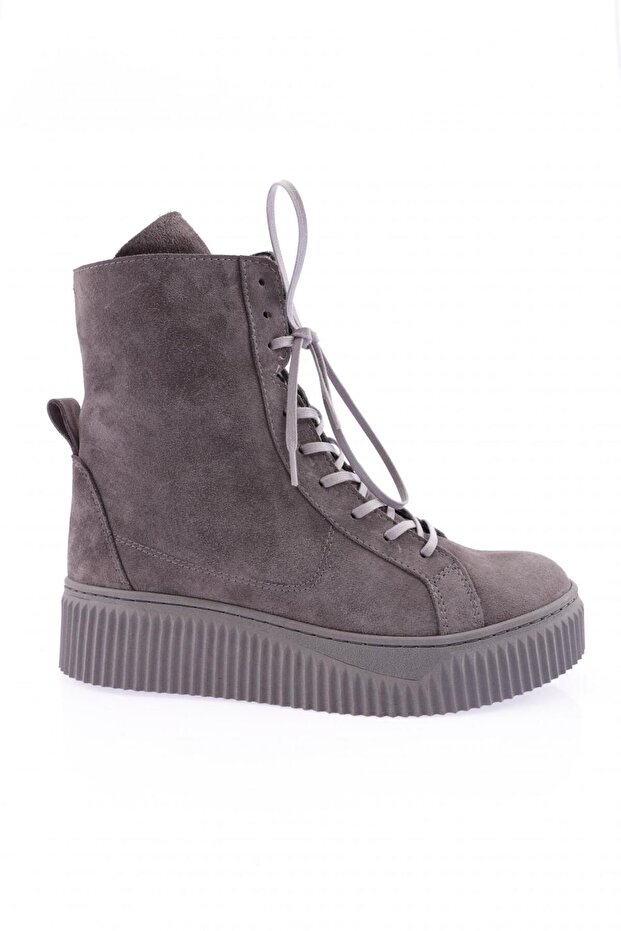 367 Women's Thick Sole Lace up Boots Gray Suede Genuine Leather