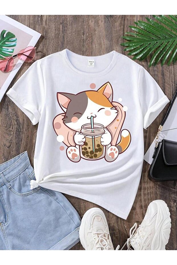 Children's Cat Printed Short Sleeve 100% Cotton T-Shirt