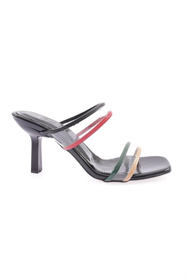 710-2164-23Y Women's Square Toe Banded Heeled Slippers Black Multi