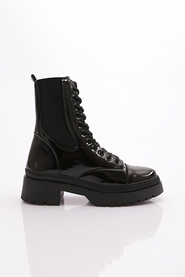 Black Patent Leather Women's Boots - Stretch Detailed, Wrinkled Model 211013121027
