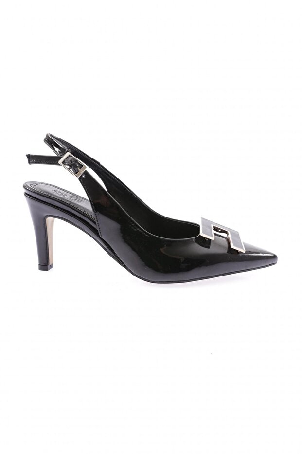 1325 Women's Pointed Toe Open Back Buckle Heeled Shoes Black Patent Leather