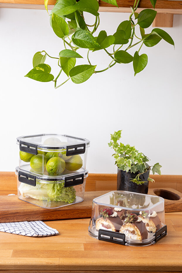 1800ML Set of 3 Square Clear Storage Set with Lock Lid - 3