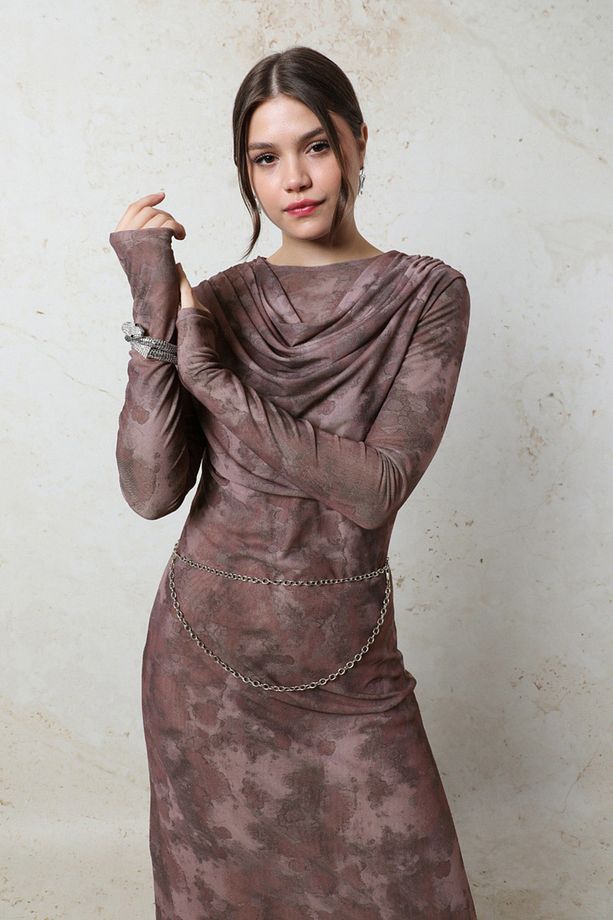 Batik Desen Tül Elbise Bordo - 4