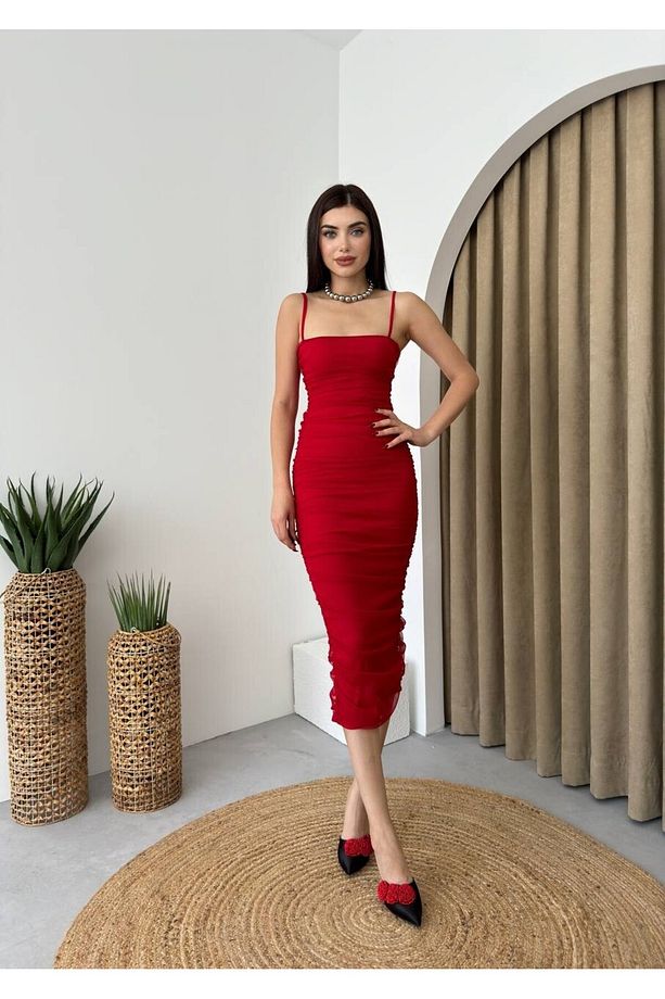 Julidress Kırmızı Drapeli Askılı Astarlı Tül Midi Boy Nişan Davet Gece Elbisesi - 5