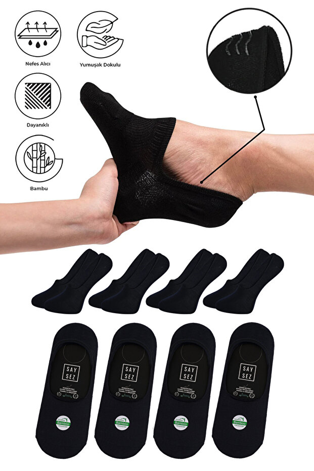Bamboo Men's Ballerina Navy Blue Socks Seamless Invisible Non-Slip Heel Silicone Premium 4-Pack
