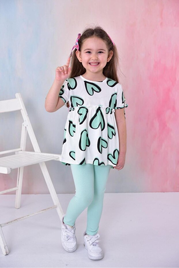 Mint Kız Çocuk Kalp Baskılı T-Shirt Tayt Örme Alt-Üst Takım TKDSS24AU00032