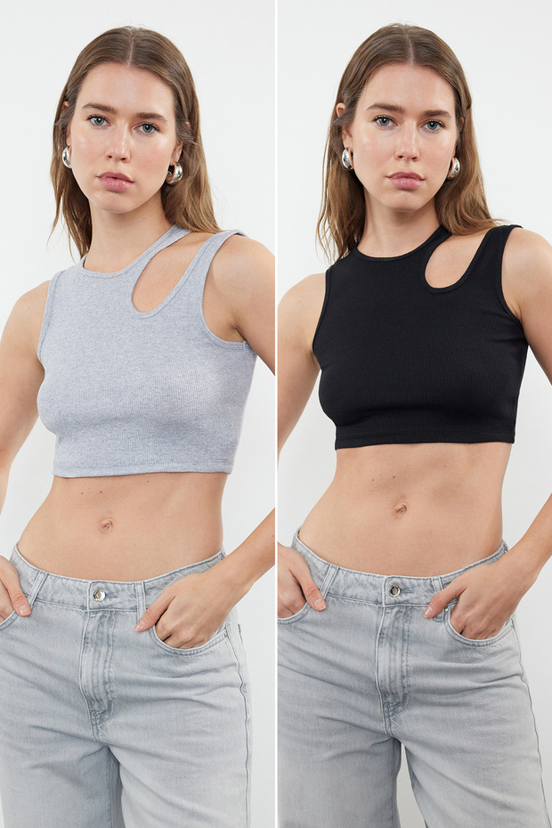 Siyah-gri melanj 2'li Paket Cut Out Detaylı Fitted Crop Fitilli Esnek Örme Atlet TWOSS23AL00006 - 1