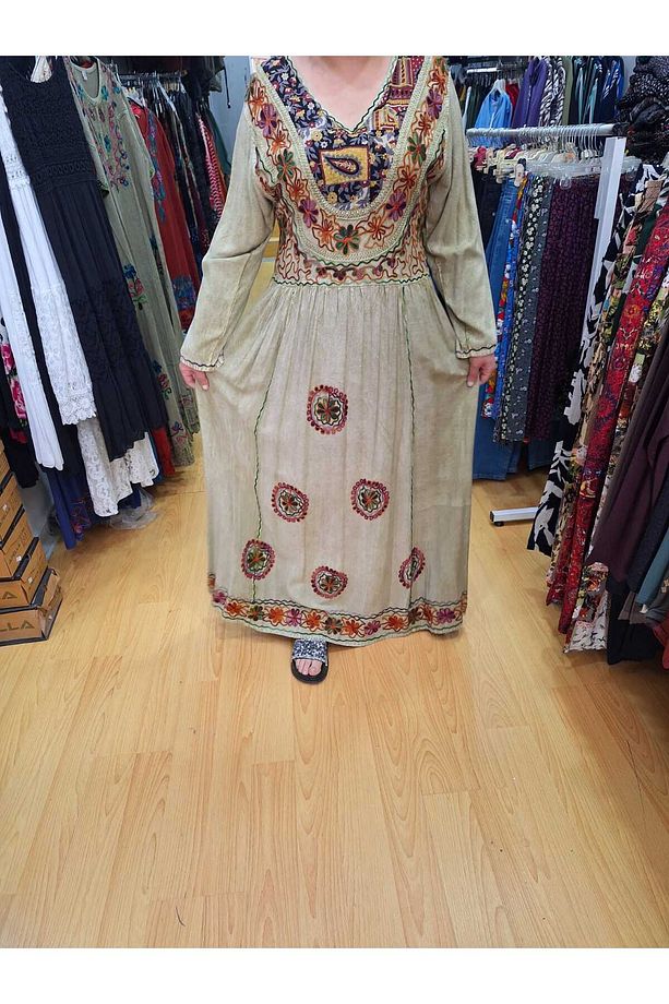 kadın  haki  %100 Pamuk uzun  kol nakış işlemeli  beli lastikli etnik-otantik- Bohem-hint elbise - 2