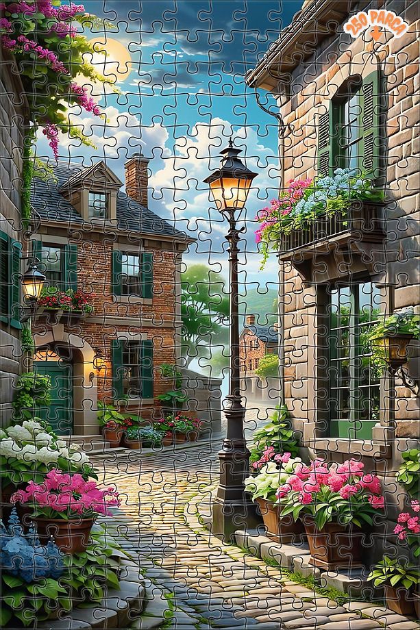 Bahar Çiçekleriyle Bezeli Taş Sokaklar Çift Katlı Çerçeveli Asılabilir Ahşap Puzzle 150 PARÇA 30X20 - 5