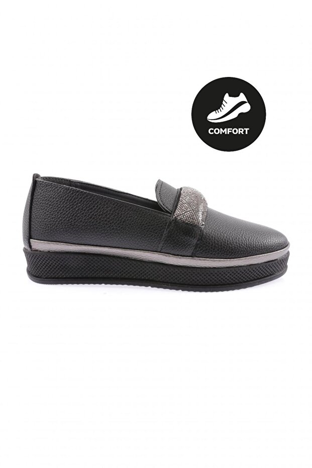 307 Women's Thick Sole Silver Stone Strap Comfort Shoes Black