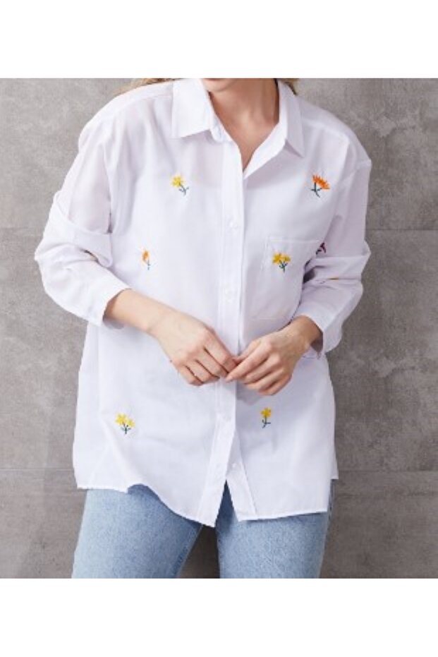 White Oversized Floral Embroidered Cotton Long sleeve Shirt