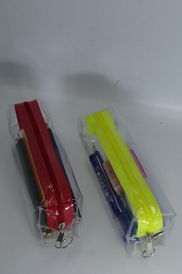 Transparent PVC Pencil Case Single Compartment Transparent Pen Holder 1 Piece Red, 1 Piece Yellow Pen Holder