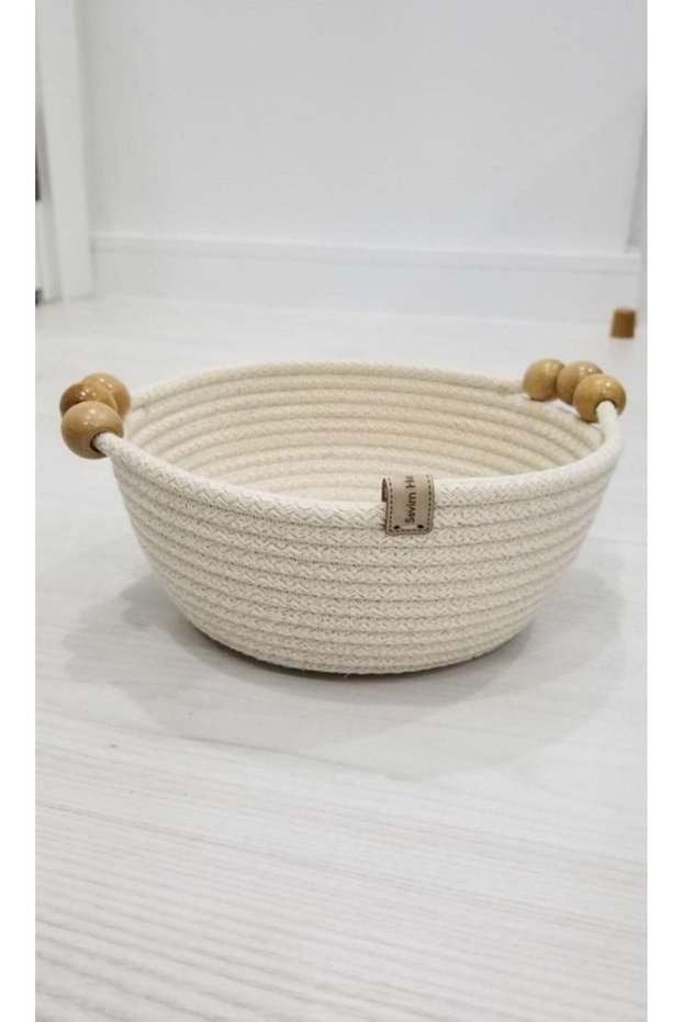 Wooden Bead Handle Basket 20cm Cream Color Organizer Wicker Basket, Organizer
